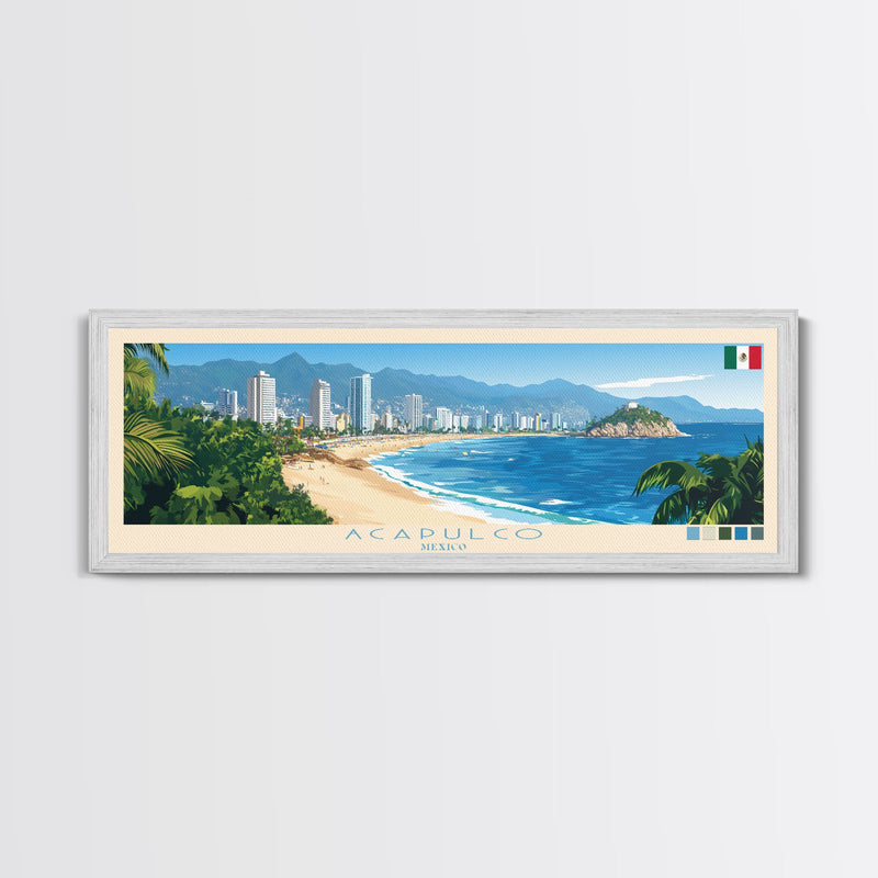 Acapulco, Mexico Travel Poster Panoramic Canvas Print, Acapulco, Mexico Painting, Mexico Art, Acapulco Travel Art, Guest Room Painting