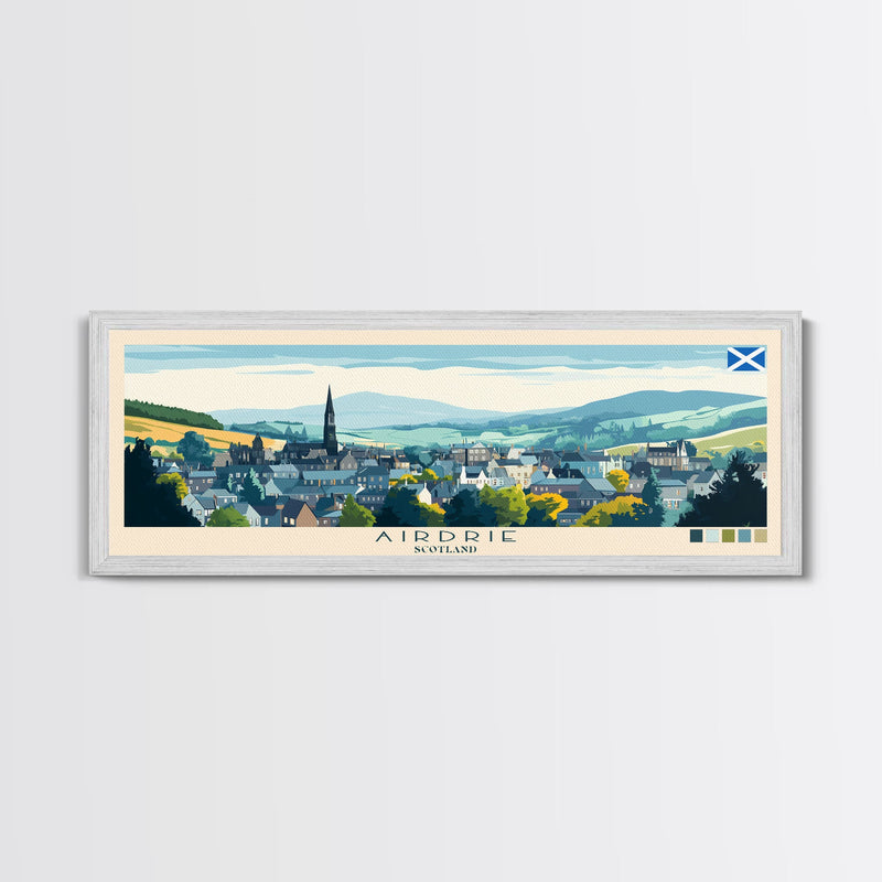 Airdrie, Scotland Travel Poster Panoramic Canvas Print, Airdrie, Scotland Painting, Scotland Art, Airdrie Travel Art, Guest Room Painting