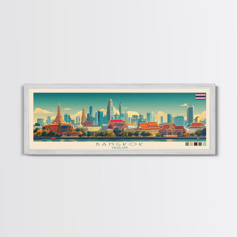 Bangkok, Thailand Travel Poster Panoramic Canvas Print, Bangkok, Thailand Painting, Thailand Art, Bangkok Travel Art, Guest Room Painting