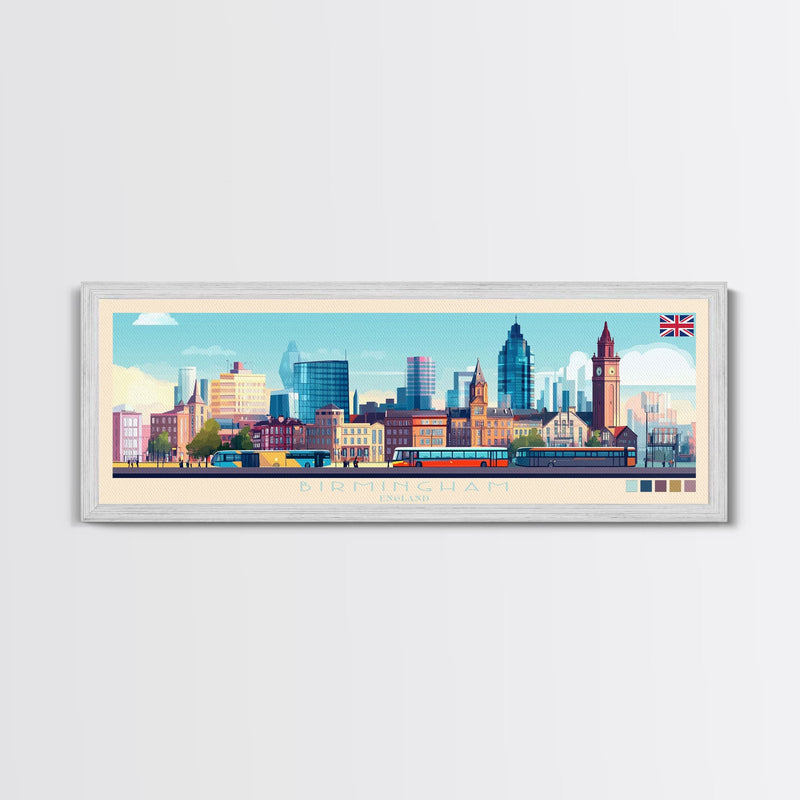 Birmingham, England Travel Poster Panoramic Canvas Print, Birmingham, England Painting, England Art, Birmingham Travel Art, Guest Room Painting