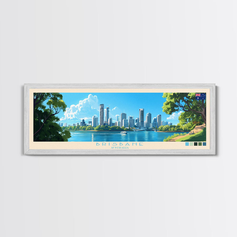 Brisbane, Australia Travel Poster Panoramic Canvas Print, Brisbane, Australia Painting, Australia Art, Brisbane Travel Art, Guest Room Painting