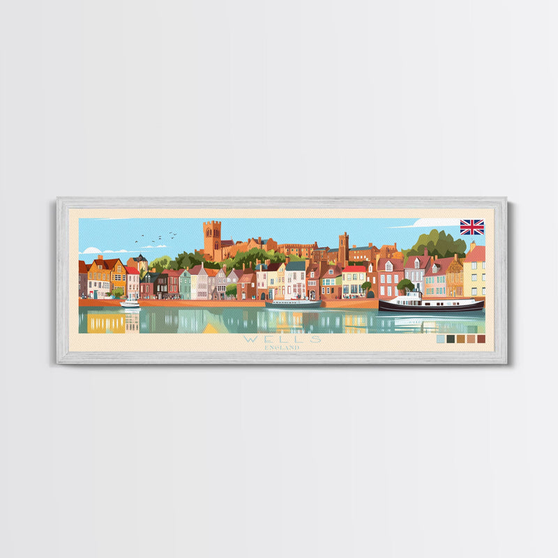 Wells, England Panoramic Travel Poster Canvas Print, Wells, England Painting, England Art, Wells Travel Art, Guest Room Painting