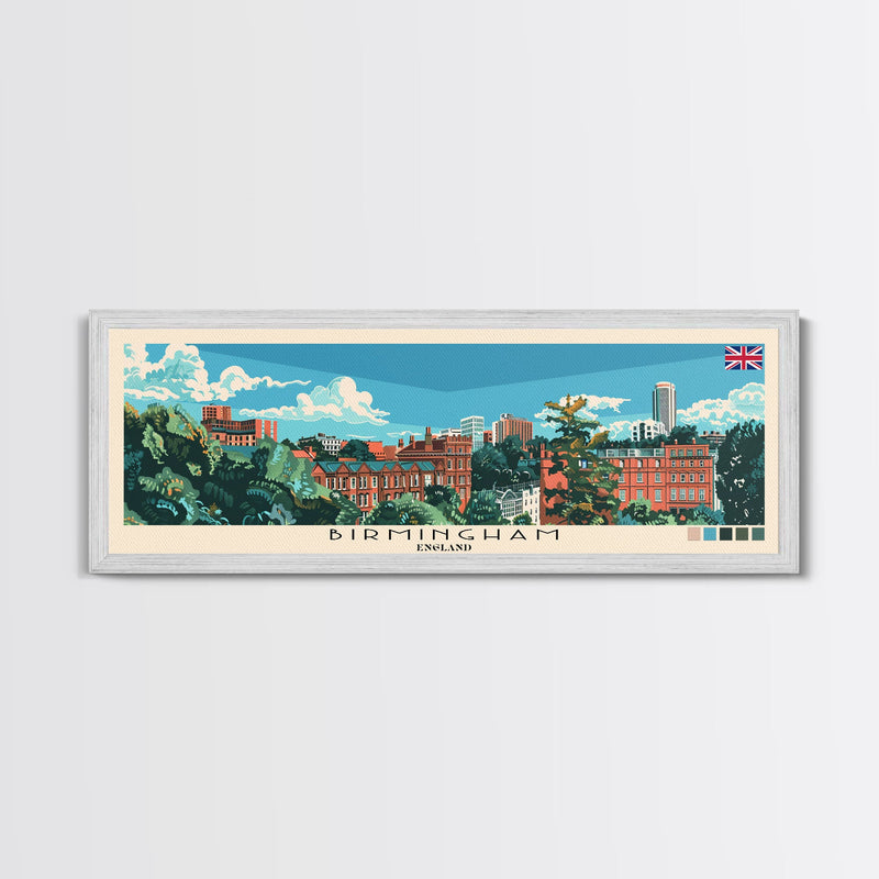 Birmingham, England Panoramic Canvas Print, Birmingham, England Painting, England Art, Birmingham Travel Poster, Travel Art, Guest Room Painting