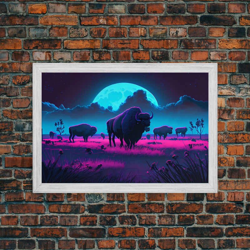 American Buffalo, Retrowave art, herd of Bison and a full moon, framed canvas print