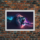 Cosmic Roar, lion roaring at the stars, synthwave galaxy and lion art, framed canvas print, unique framed wall art