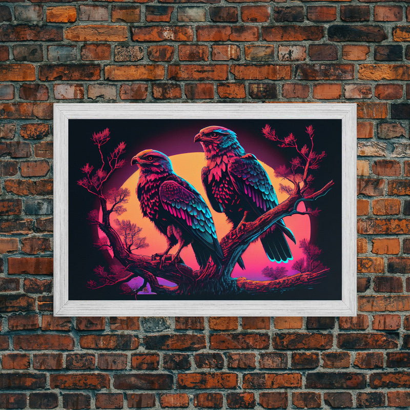 Birds of Prey at sunset, Hawks on a branch, framed canvas print