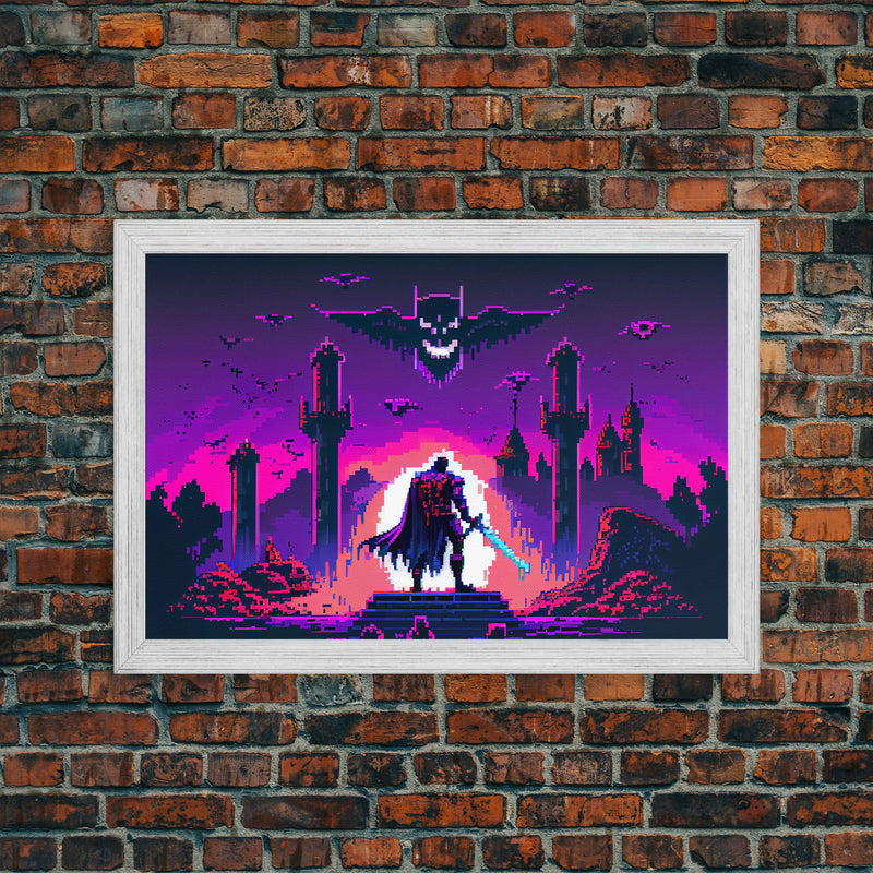 Barbarian vs Vampires, pixel art, DND RPG concept art, vaporwave aesthetic gamer room art, framed canvas print