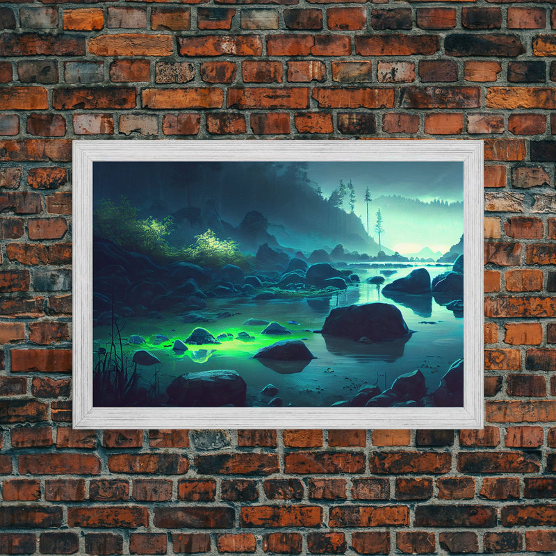 Bioluminescent glowing river, cool nature watercolor art, framed canvas print