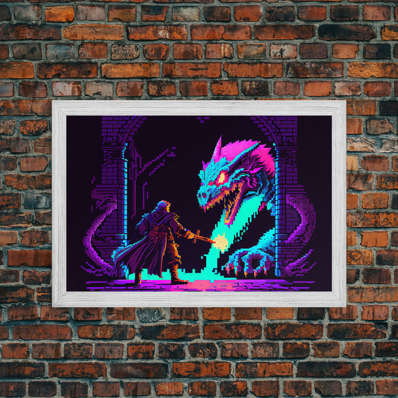 Wizard VS Hydra, RPG pixel art, vaporwave aesthetic video game pixel art, framed canvas print