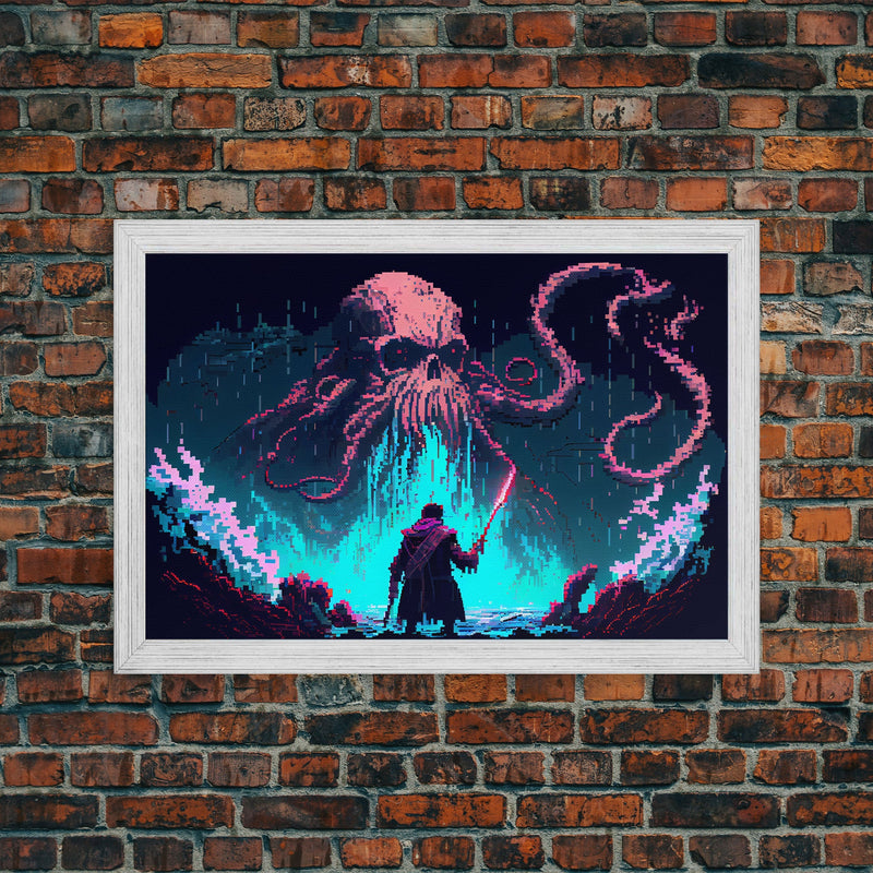 Warrior Vs Cthulhu, RPG concept pixel art, framed canvas print, outrun video game art