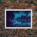 Vaporwave Full moon over the lake at midnight, framed canvas print, subdued art, watercolor painting print