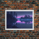 Reflections on the lake at midnight, framed canvas print, vaporwave aesthetic, purple sky
