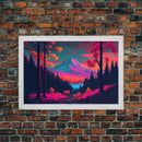 Synthwave style watercolor painting of a mountain and forest, framed canvas print, colorful wall art