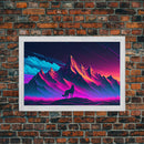 Retro style art, wolf looking on the mountains, framed canvas print, pastel art