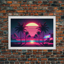 The Neon Boardwalk, Florida Synthwave Sunset, framed canvas print, retro style Miami vibes art