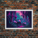 Cute pandas, jungle, framed canvas print, framed wall art, synthwave animal art