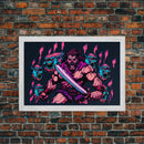 Barbarian pixel art, vaporwave RPG concept art, framed canvas print