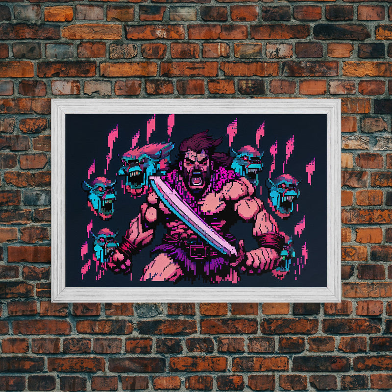 Barbarian pixel art, vaporwave RPG concept art, framed canvas print