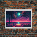 Outrun style full moon lit beach, framed canvas print, synthwave palm tree & beach art