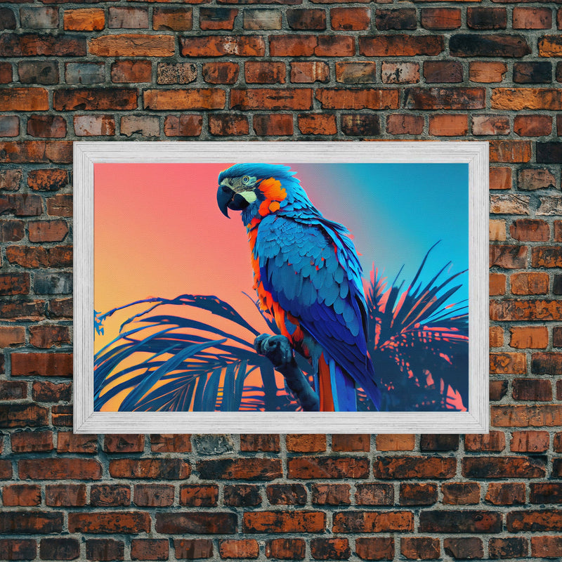 Birds of Paradise, Tropical Blue Parrot, Framed canvas print, beautiful wall art for vacation home