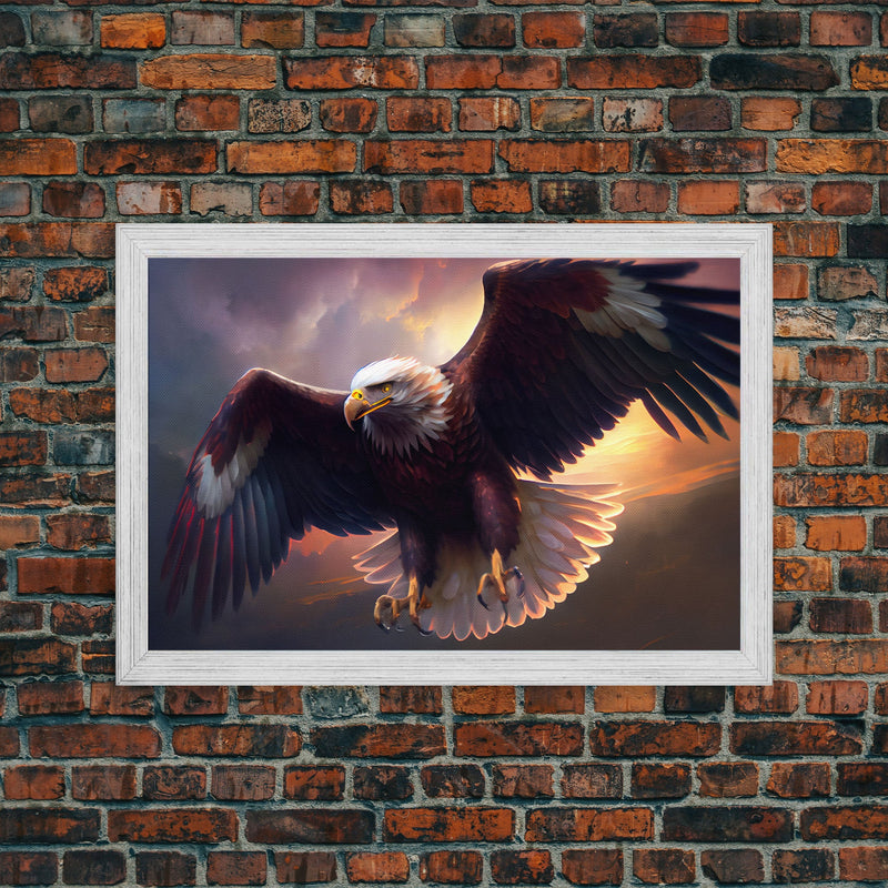 American Bald Eagle in Flight, watercolor, framed canvas print