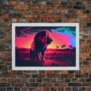 Synthwave style watercolor painting of an African lion, framed canvas print, colorful living room wall art