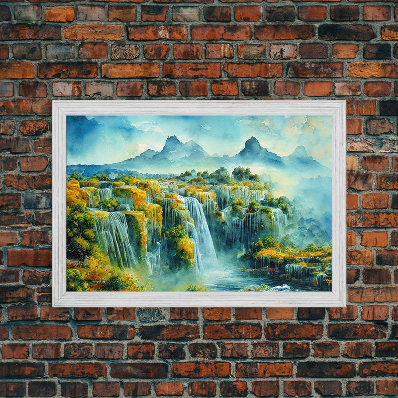 Water color painting of beautiful waterfalls, framed canvas print