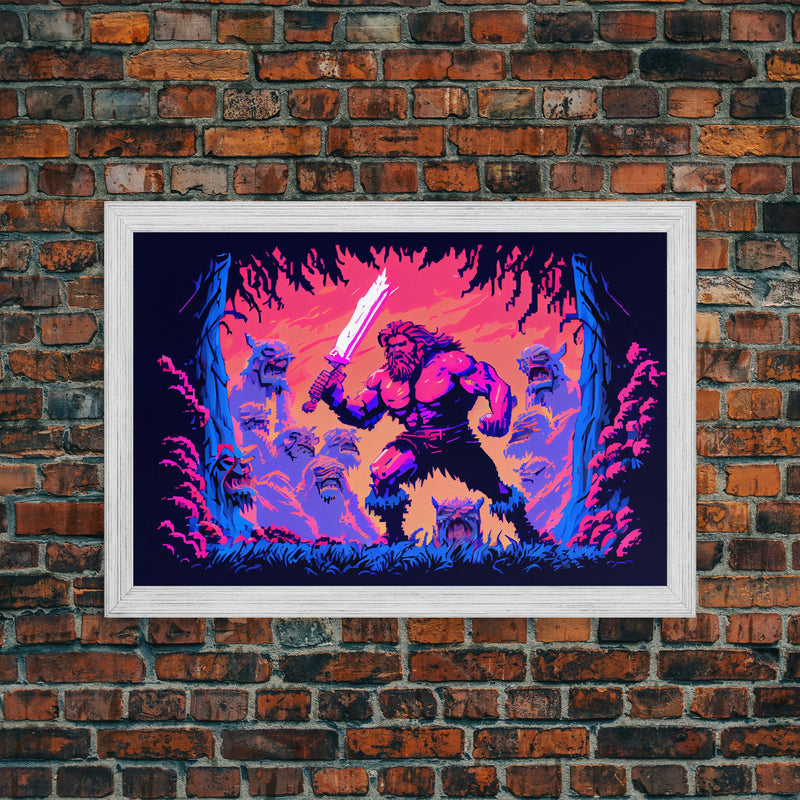 Barbarian pixel art, vaporwave RPG concept art, framed canvas print, synthwave tabletop art