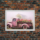 Framed Picture of old truck with beautiful flowers in bed of truck, farmhouse living, old barn, farmhouse distressed, framed canvas print