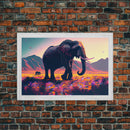 Elephants of Africa, Vibrant and colorful landscape, vaporwave, framed canvas print