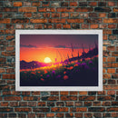 Watercolor of a beautiful sunset over a vibrant field of flowers, framed canvas print, framed art