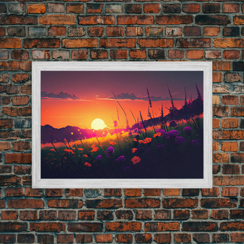 Watercolor of a beautiful sunset over a vibrant field of flowers, framed canvas print, framed art