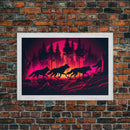 Wolf Pack on the hunt at sunset, synthwave animal art, framed canvas print