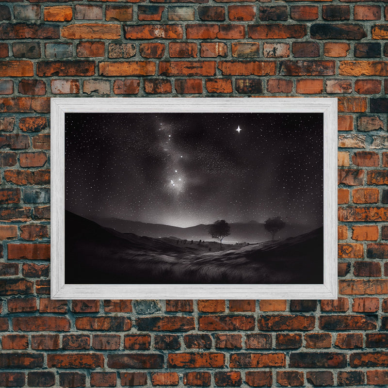 Black and white Watercolor of a starry night sky over the planes of Texas, framed canvas print