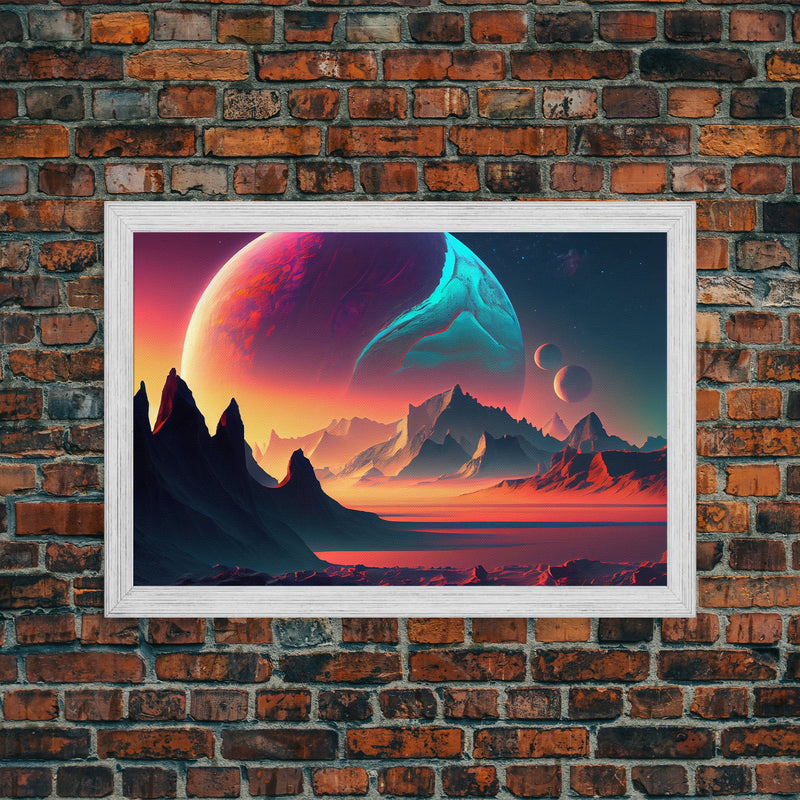 3 Moon Fantasy World, Retro Style Sci-Fi Art, Framed Canvas Print, Futuristic Art, Fantasy Decor