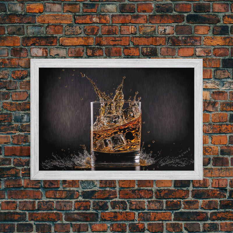 Whiskey Wall DÃ©cor, Glass of Whiskey with Splash, Man Cave Wall Art, Whisky Artwork, Home Bar Decor, Framed Canvas Print