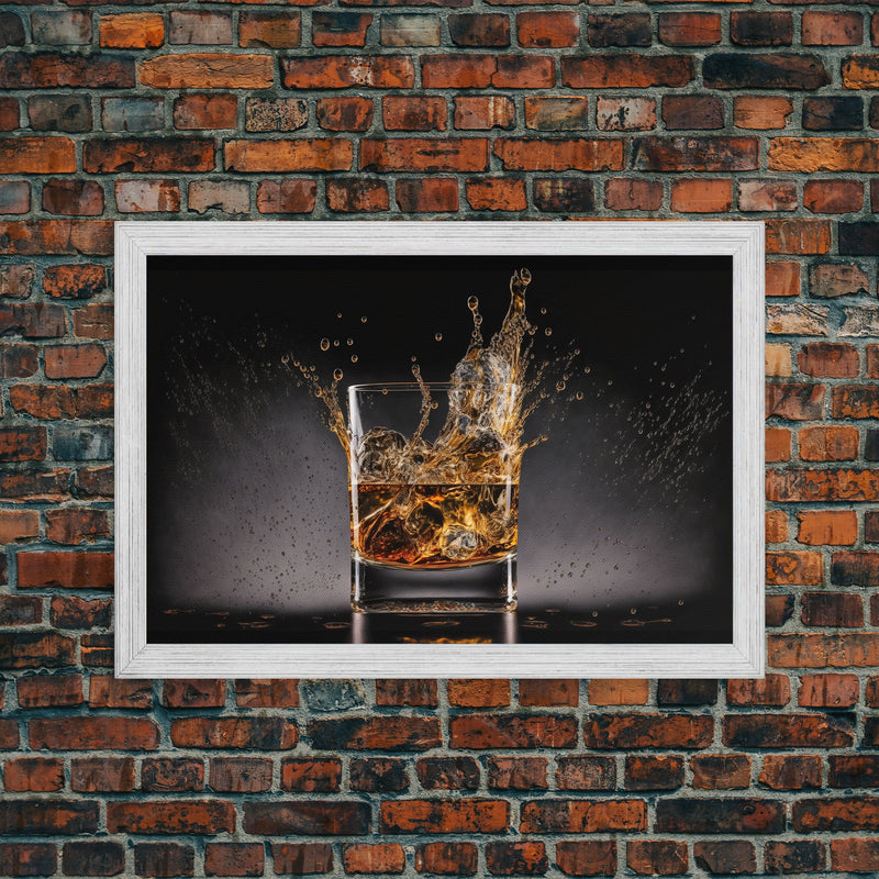 Whiskey Wall DÃ©cor, Glass of Whiskey with Splash, Man Cave Wall Art, Whisky Artwork, Home Bar Decor, Framed Canvas Print, Manly Art