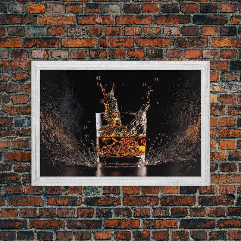 Whiskey Wall DÃ©cor, Ice falling into a glass of whiskey, modern / contemporary bar wall art, framed canvas print