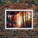 Pop Art Style Fall Forest Landscape, Framed Canvas Print, Unique living room wall art, above sofa art, Color Pop forest art