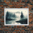 Watercolor of a foggy pine tree forest, framed canvas print, unique wall art, contemporary art, modern art
