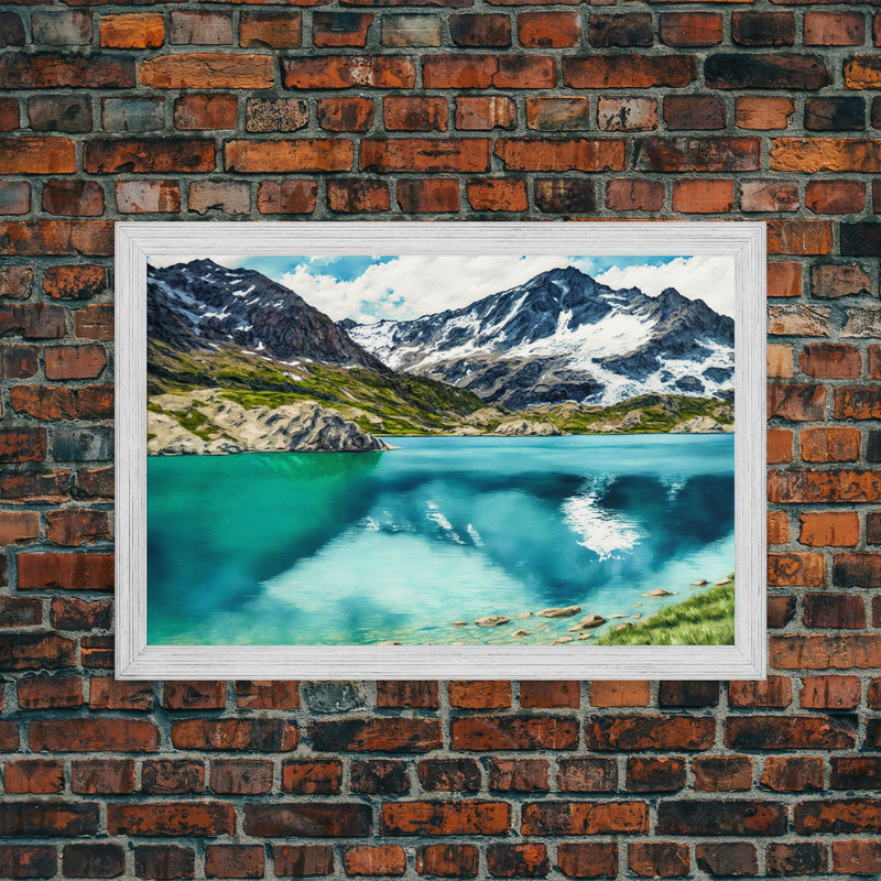 Watercolor painting canvas print of a mountain lake landscape, framed canvas print, framed wall art