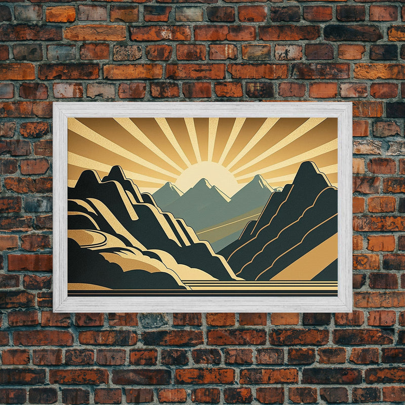 Art Deco Style Mountain landscape at Sunset, Framed Canvas Print, Large Format Wall Art, Huge Wall Decor