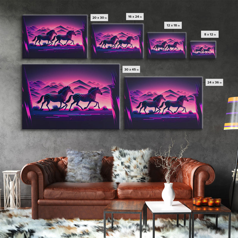 Zebras running through the plains, synthwave art, framed canvas print, framed wall art