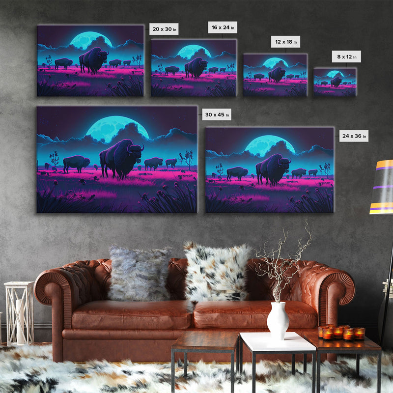 American Buffalo, Retrowave art, herd of Bison and a full moon, framed canvas print