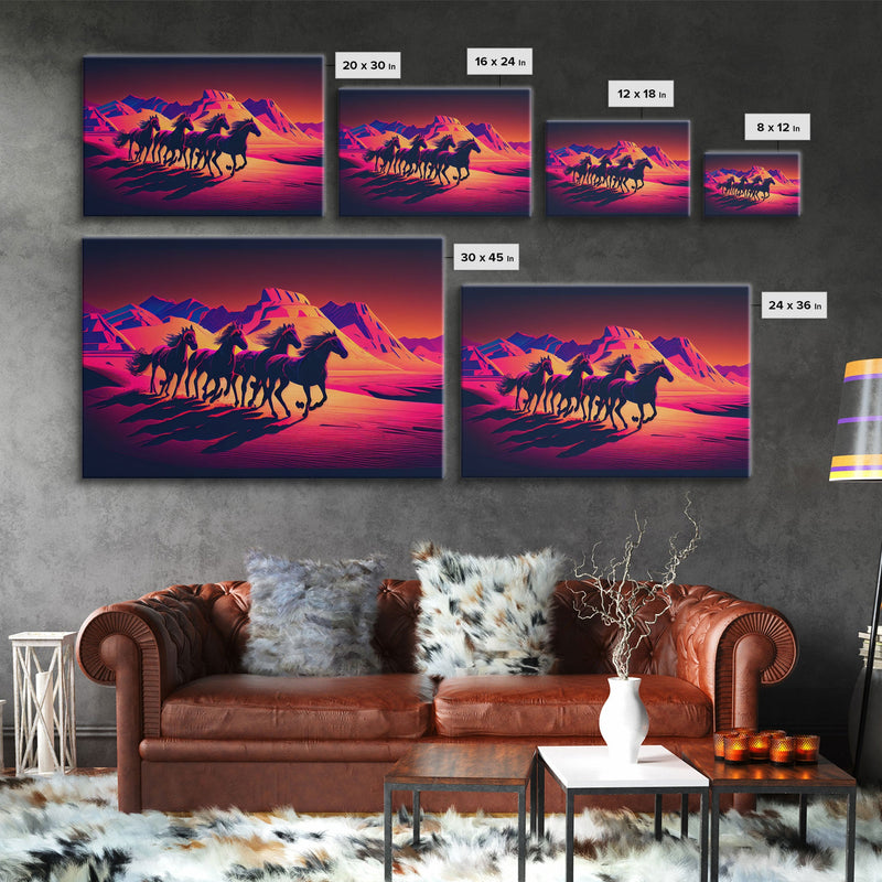 Wild Arabian Horses - Vibrant synthwave nature art, framed canvas print