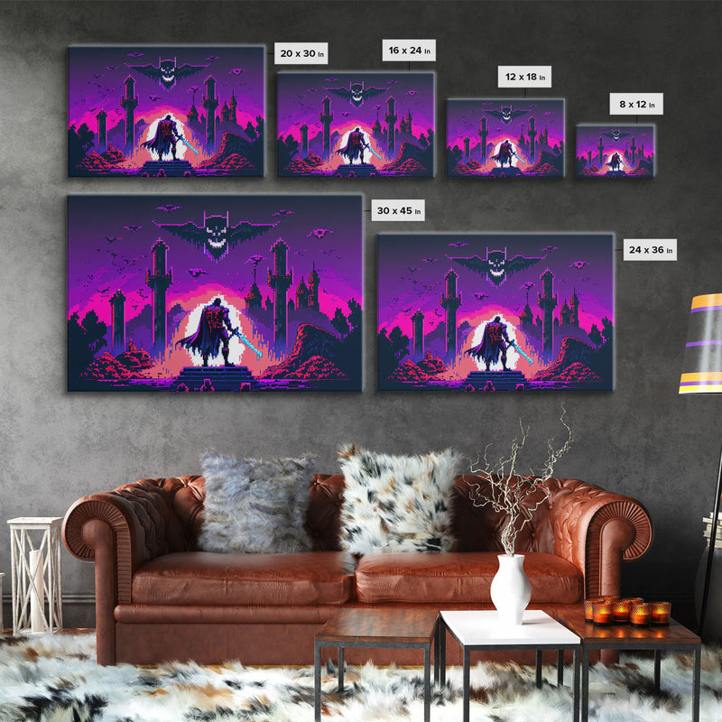 Barbarian vs Vampires, pixel art, DND RPG concept art, vaporwave aesthetic gamer room art, framed canvas print