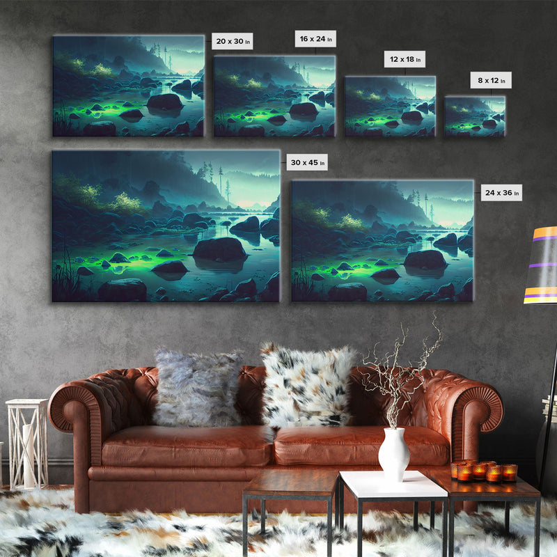 Bioluminescent glowing river, cool nature watercolor art, framed canvas print