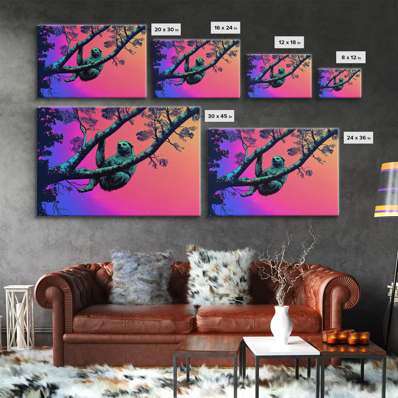 What a cool sloth man, vaporwave sloth art, framed canvas print, wall art with frame and a cool lookin' sloth