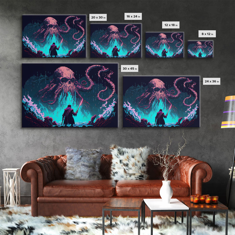 Warrior Vs Cthulhu, RPG concept pixel art, framed canvas print, outrun video game art