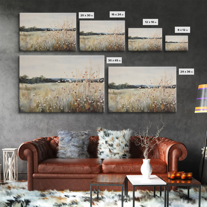 Wildflower Fields Landscape Oil Painting Print Large Wall Art Print, Framed Canvas Nature Wall Decor, Rustic Living Room Country Landscape